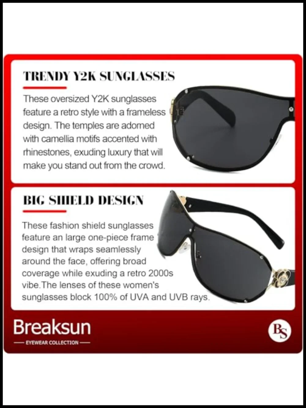 Oversized Y2K Rimless Shield Sunglasses with Rhinestone Camellia Temples UV400